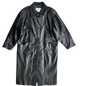 Charles Klein Womens L Black 100% Leather Snake Print Vintage Trench Coat Duster